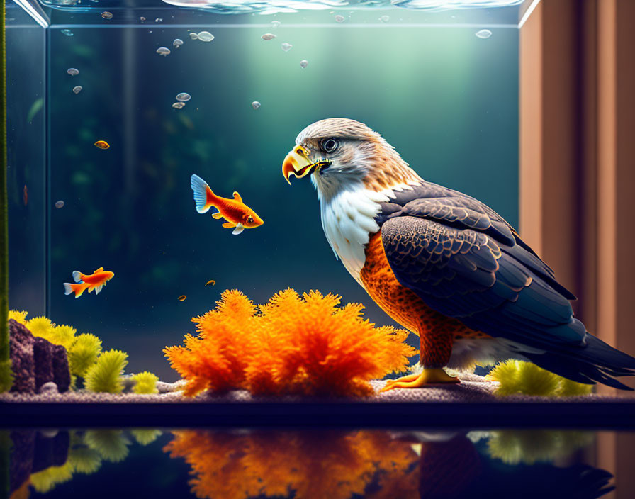 Eagle and goldfish in captivating underwater scene