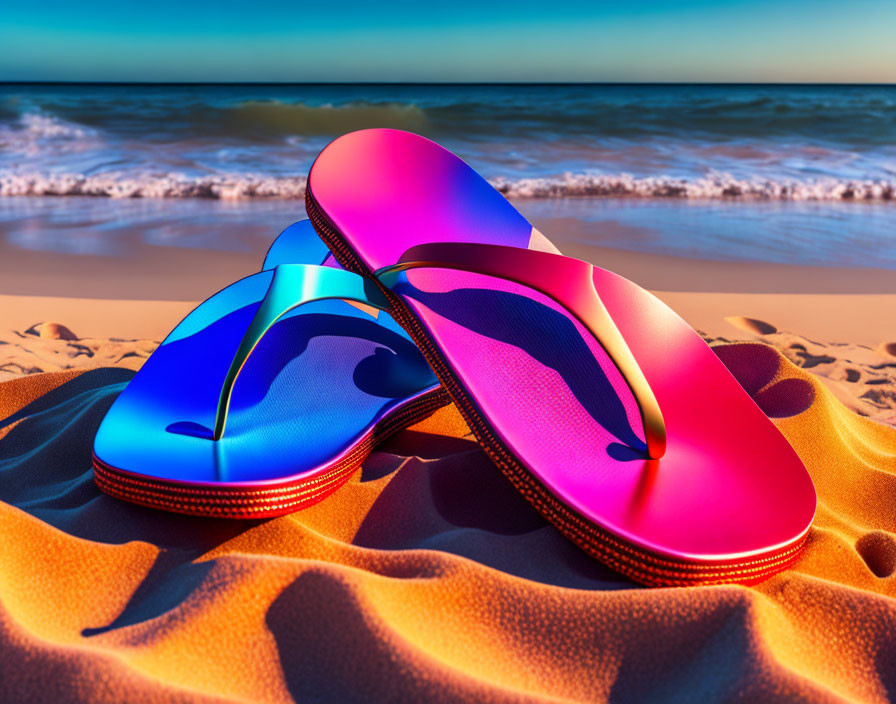 Colorful Flip-Flops on Golden Sand by Blue Ocean Waves