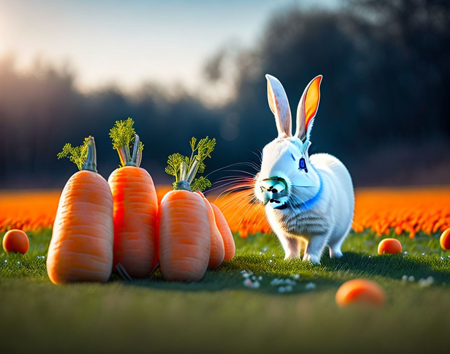 Cartoonish white rabbit in a field with carrots and cherry tomatoes under sunlight