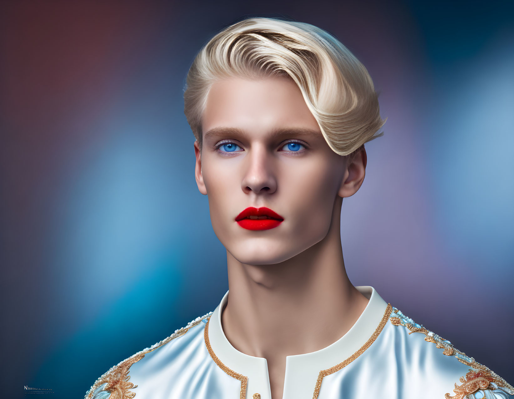 Stylized portrait of person with platinum blond hair and blue eyes