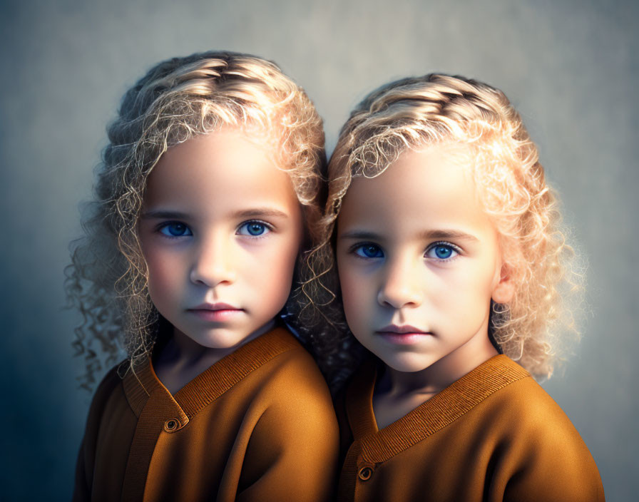 Curly Blonde-Haired Twin Girls in Matching Mustard Dresses