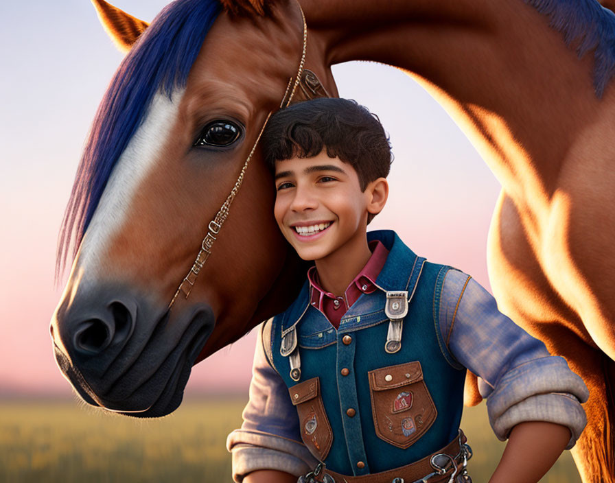 Smiling boy with horse at sunset in denim vest