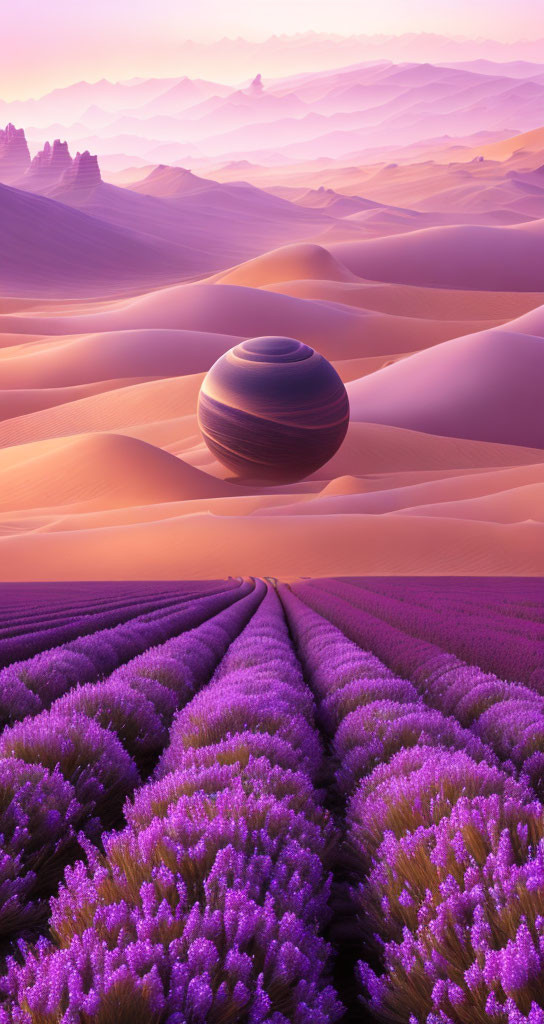 Surreal landscape: Lavender fields, sand dunes, hazy sky, looming planet