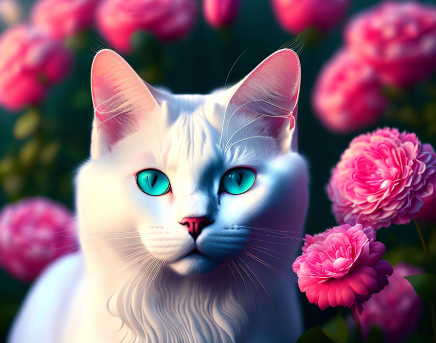 White Cat with Blue Eyes Surrounded by Pink Roses on Dark Background