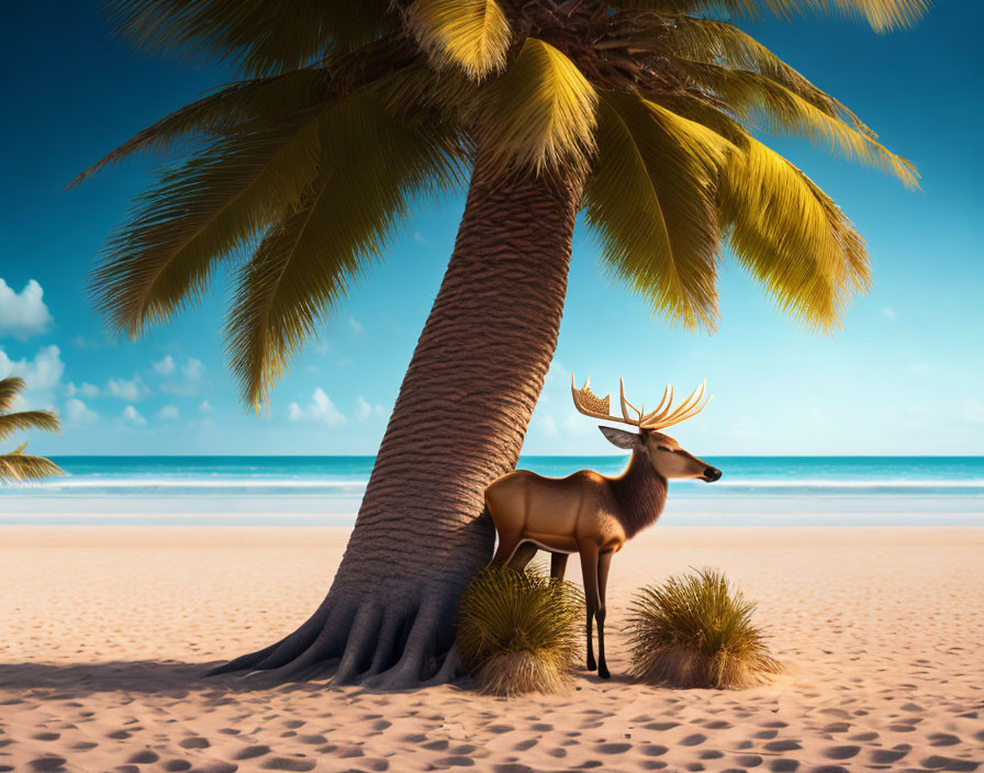 Majestic deer with large antlers on tranquil beach