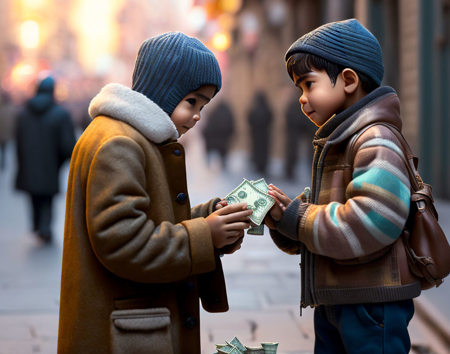 Children exchanging money in winter street scene