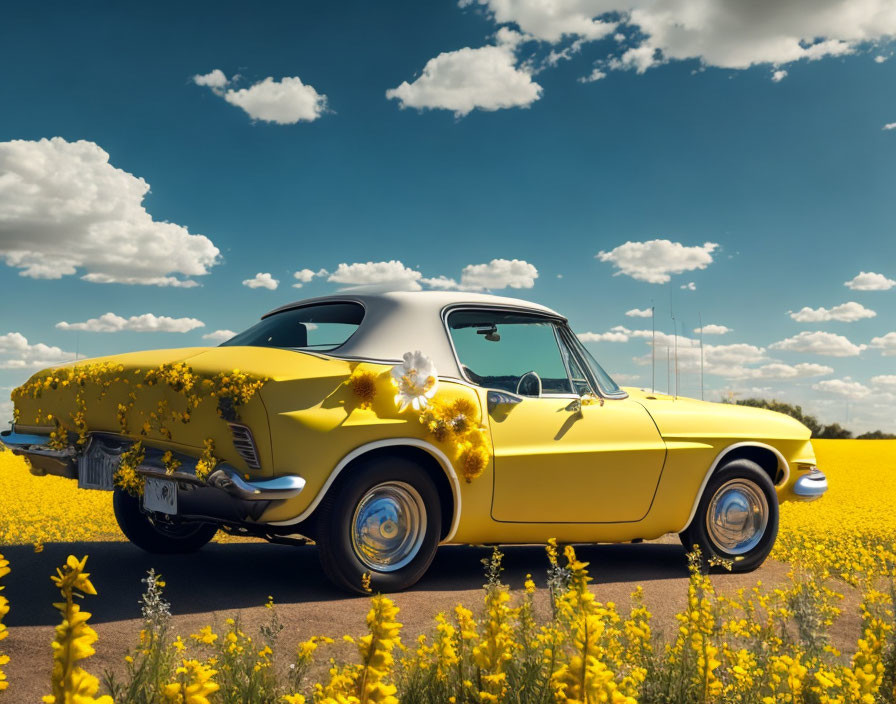 Vintage Yellow Car in Field of Yellow Flowers on Sunny Day