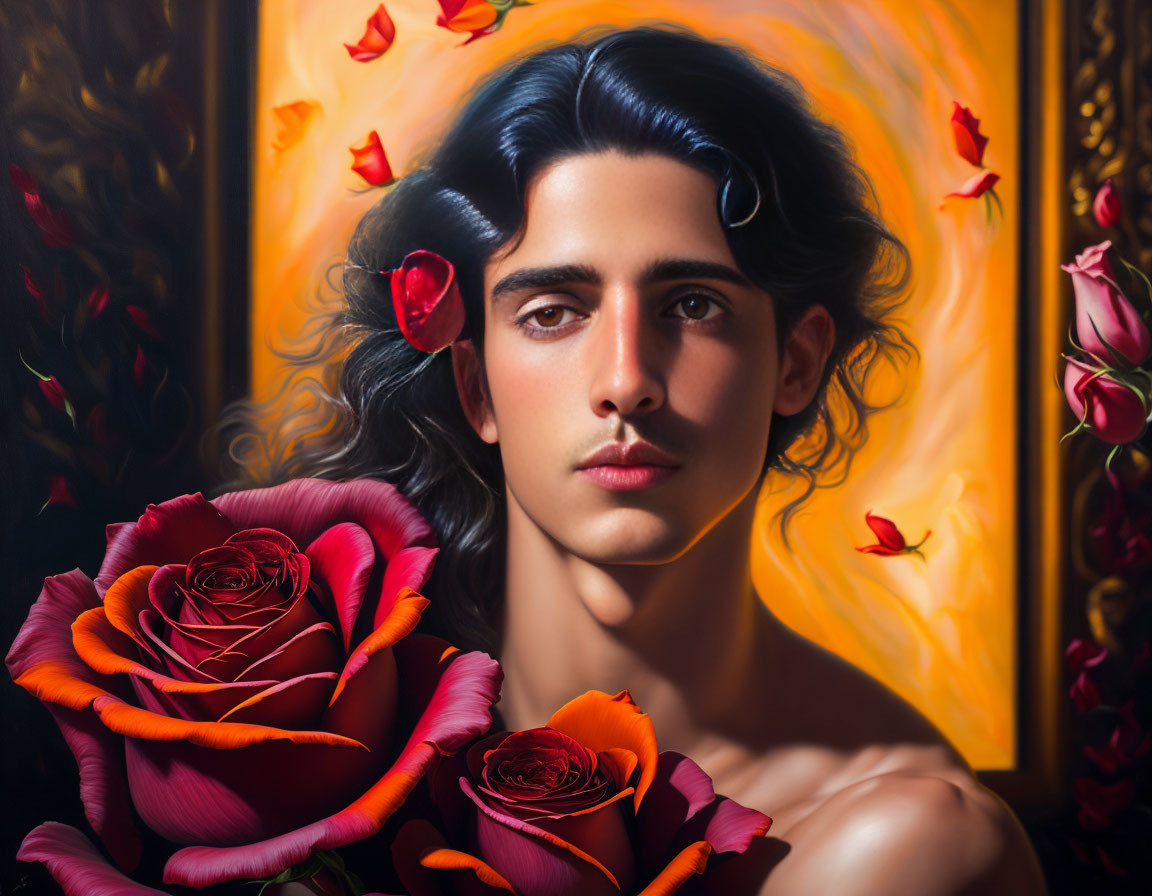 Portrait of person with dark hair holding red roses amidst floating petals on fiery golden backdrop