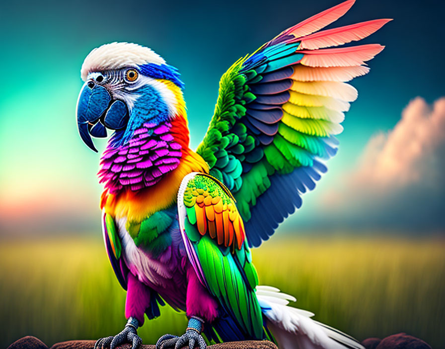 Colorful Parrot on Branch with Vibrant Sunset Background