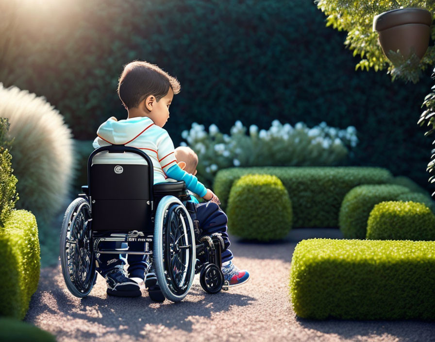 Young boy in wheelchair on outdoor path with tranquil garden