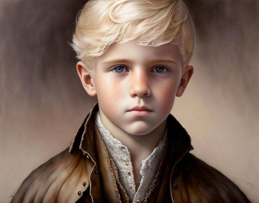 Realistic painting of young boy in brown jacket with blue eyes & blond hair