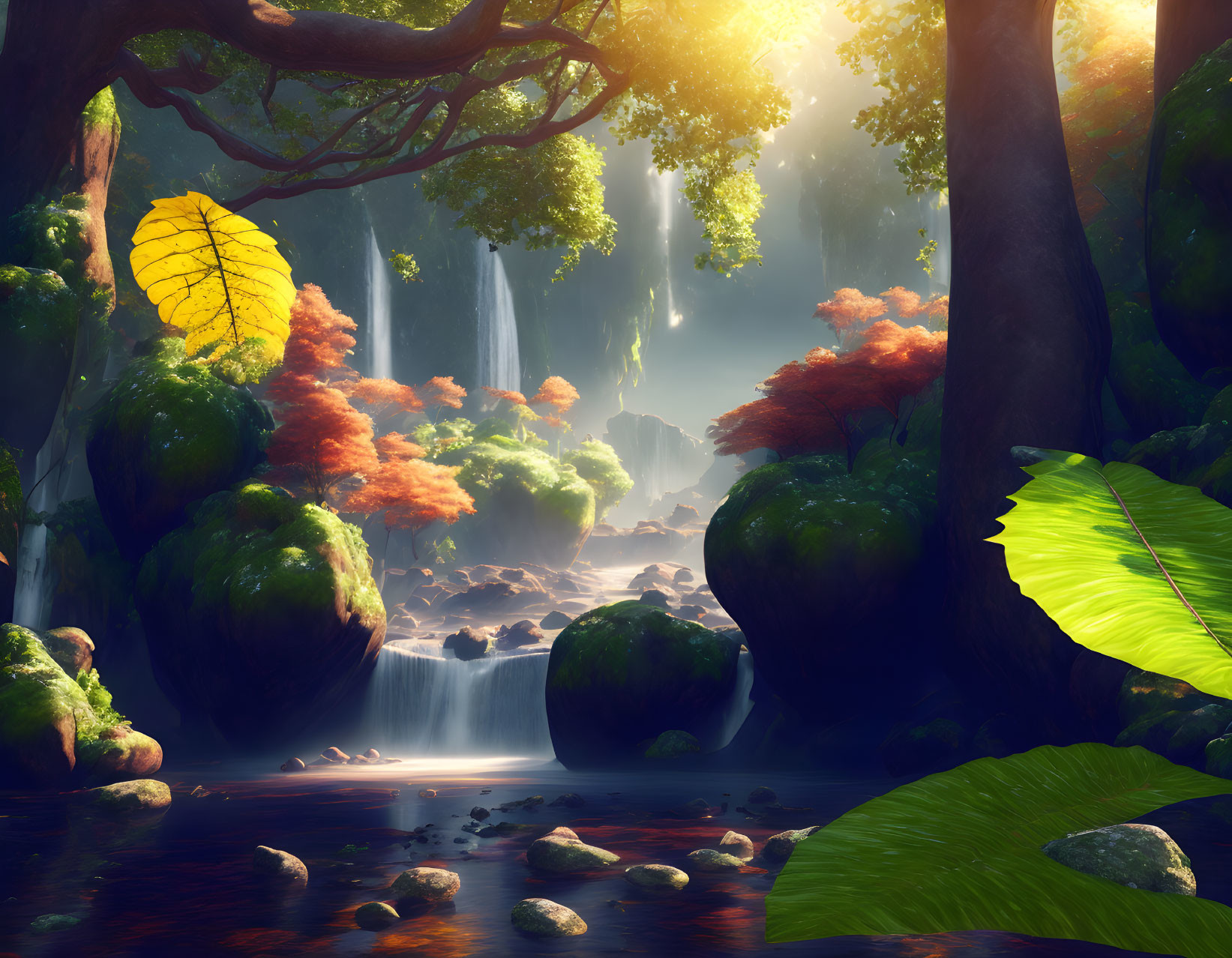 Tranquil forest waterfall with sun rays, greenery, and colorful leaves