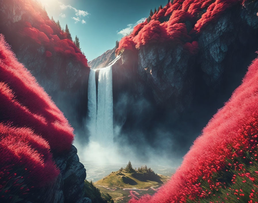 Majestic waterfall between lush cliffs with vibrant red foliage