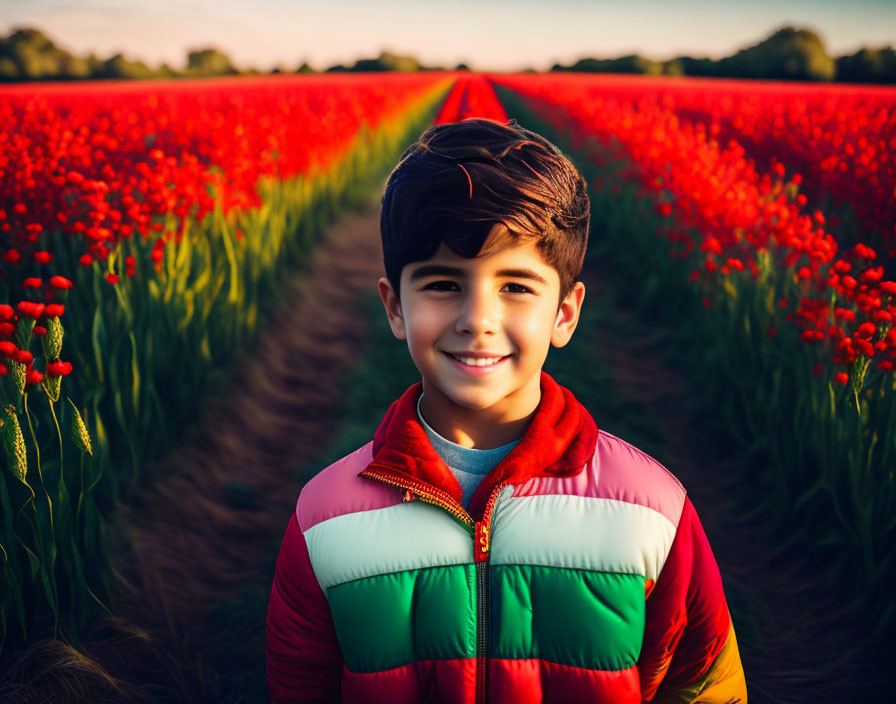 Colorful jacket boy in vibrant red poppy field at dusk