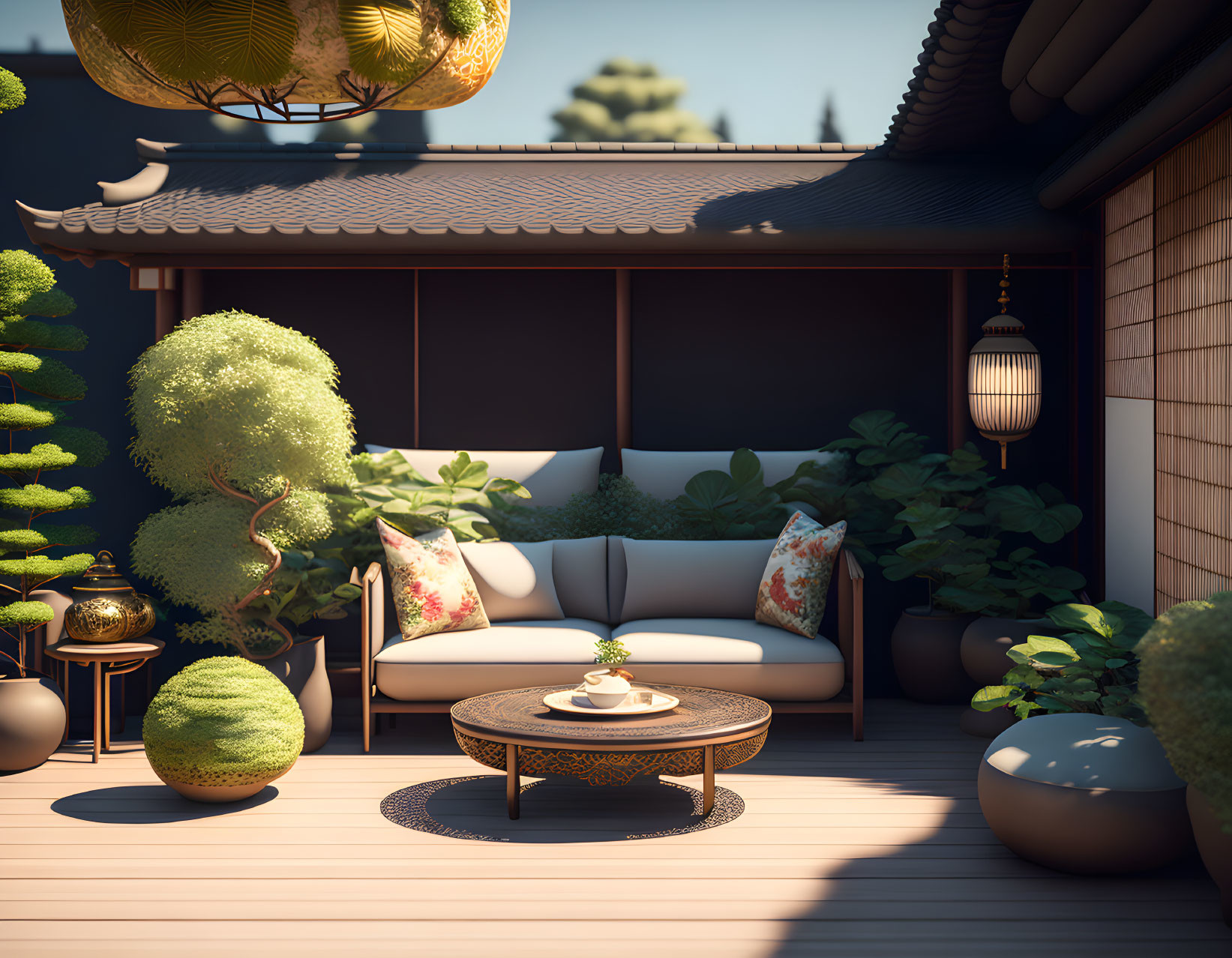 Tranquil Japanese-style outdoor lounge with cushioned seating and traditional lanterns