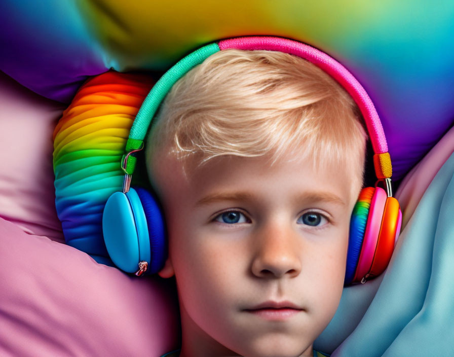 Blonde-Haired Child in Colorful Headphones on Vibrant Pillow Background