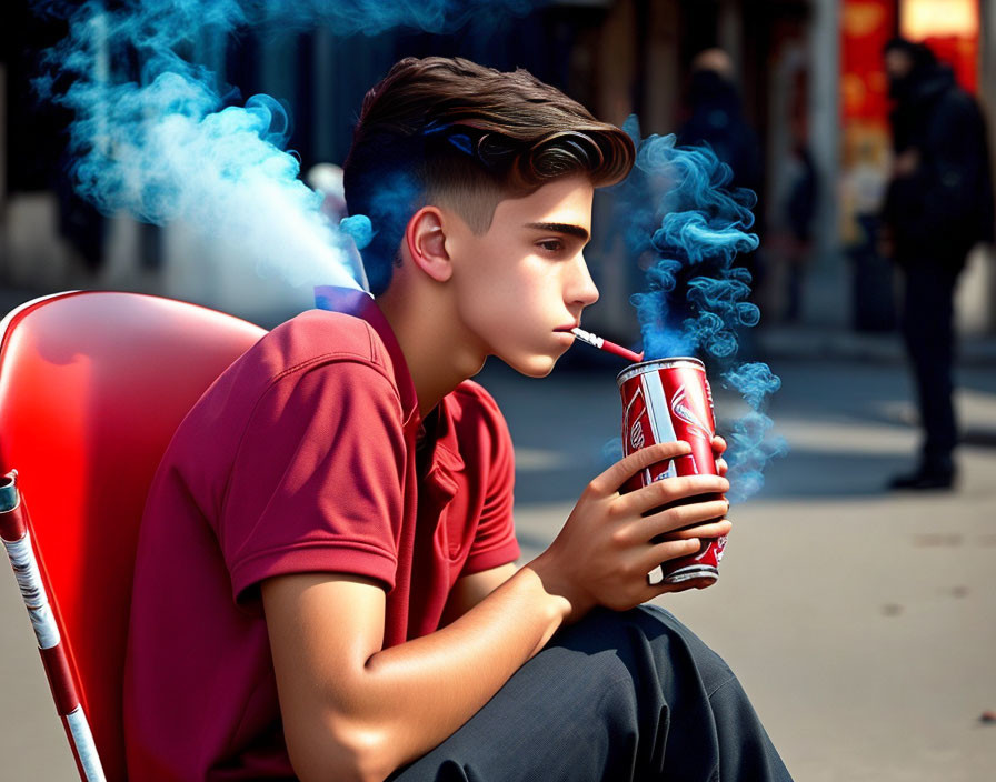 Stylish young person sips drink on red outdoor chair with blue smoke