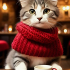 Green-eyed cat in red scarf at cafe table with white mug