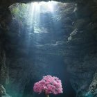 Subterranean scene: Pink tree on island, light shafts