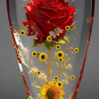 Glass Vase with Red Rose, Yellow Blossoms, and Soft-lit Background