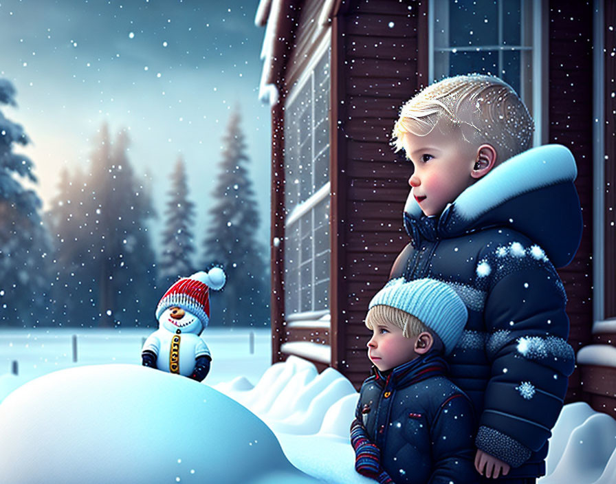 Children in winter clothing near snow-covered house with snowman in snowfall