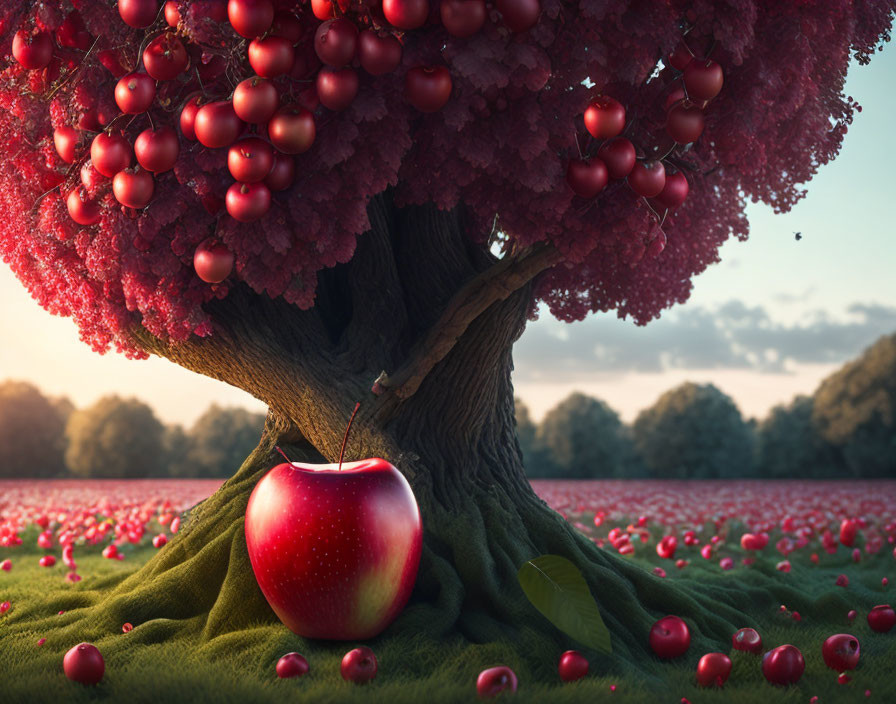 Giant Red Apple and Cherry Tree in Surreal Landscape