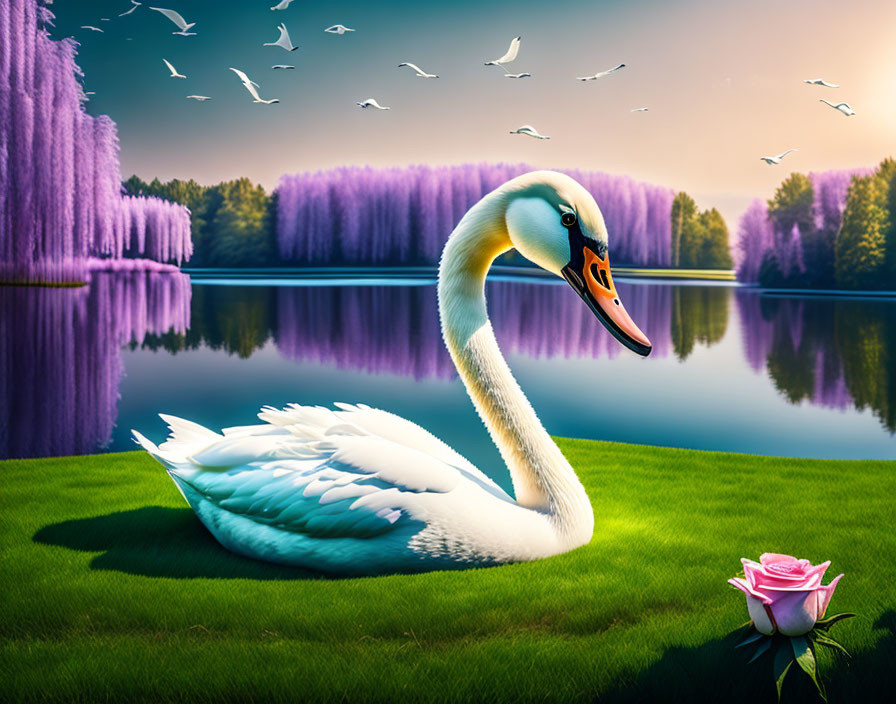 Swan by lakeshore with pink rose, trees, birds, purple sky