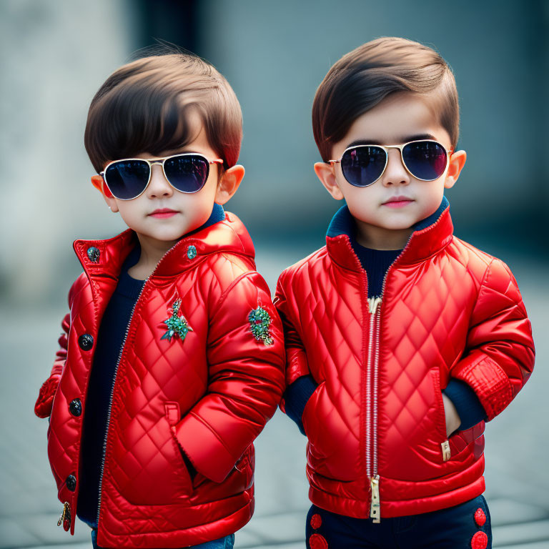 Young Children in Matching Red Jackets and Sunglasses Posing Stylishly