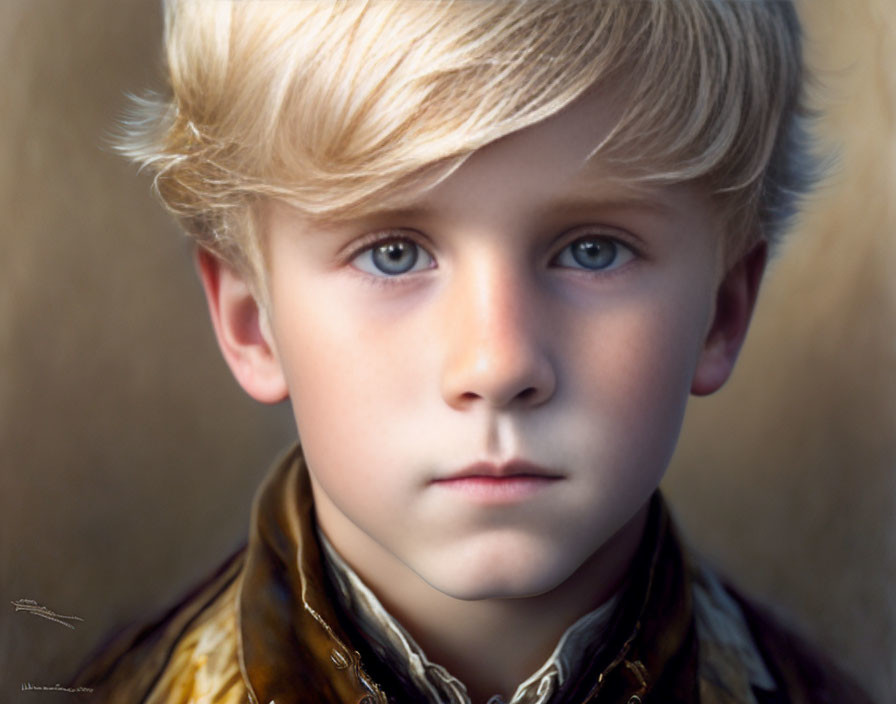 Young boy portrait with blond hair, blue eyes, and brown jacket