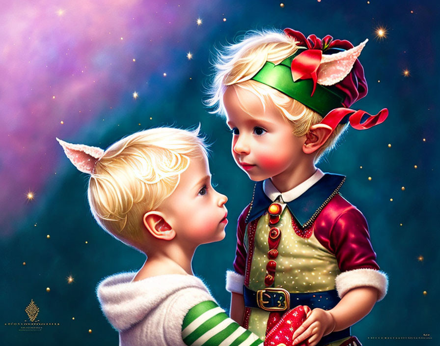 Children in elf costumes against starry backdrop