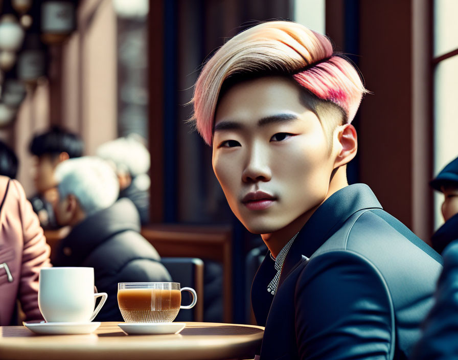 Fashionable individual with pink hair at café table with coffee cup