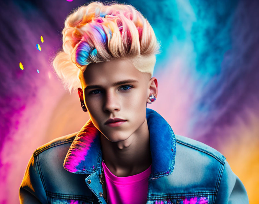 Rainbow-haired person in denim jacket with neon-lit background