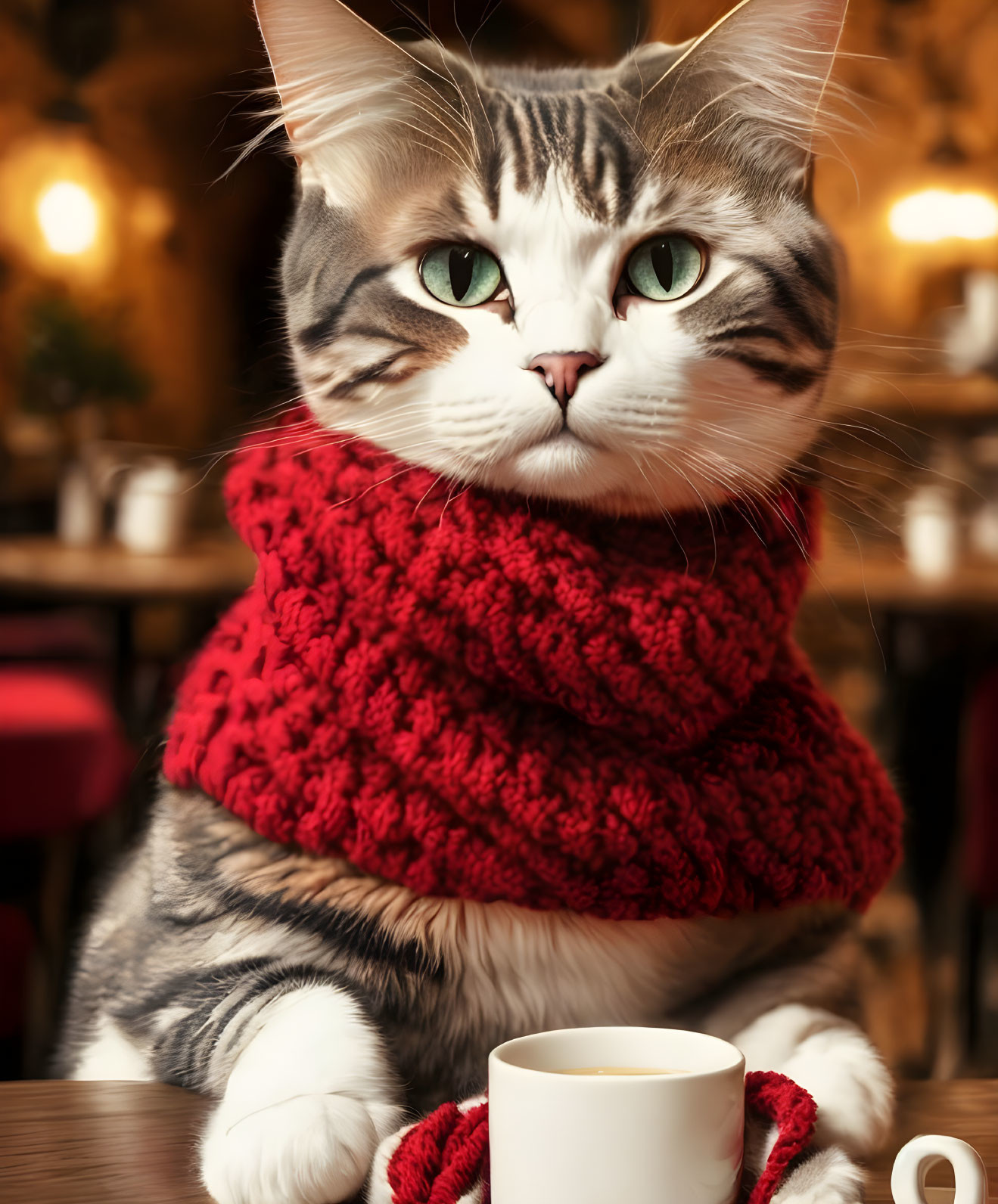 Green-eyed cat in red scarf at cafe table with white mug