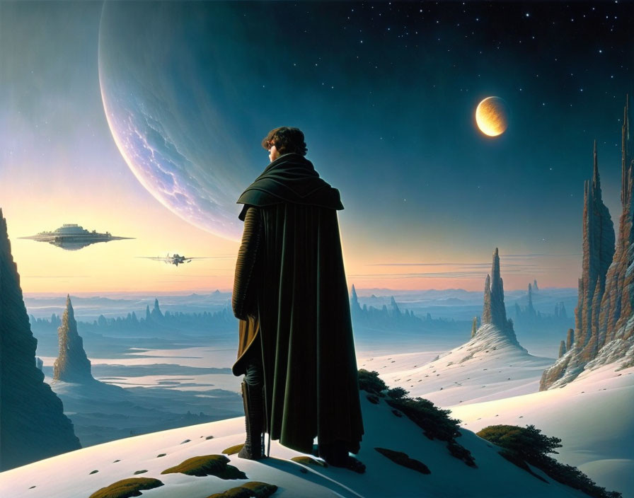 Cloaked figure on snowy ridge gazes at sci-fi landscape