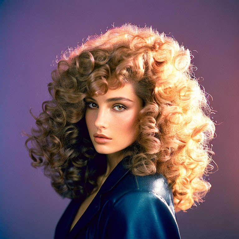 Woman with Voluminous Curly Hair and Dark Jacket on Purple Background