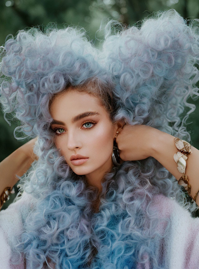 Curly Blue and Grey Hair Woman in Pastel Sweater