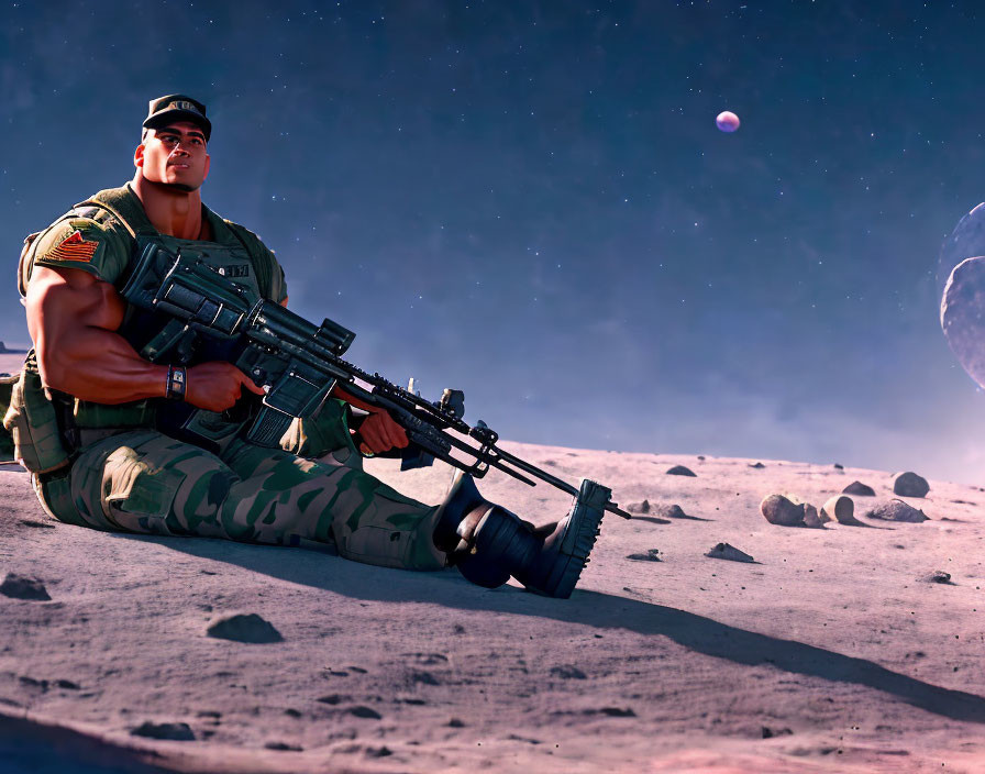 Muscular soldier with large gun on moon-like surface under starry sky.