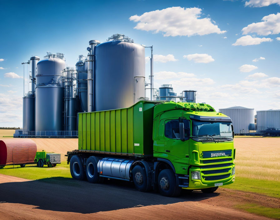 Vibrant green truck by industrial silos under clear blue sky