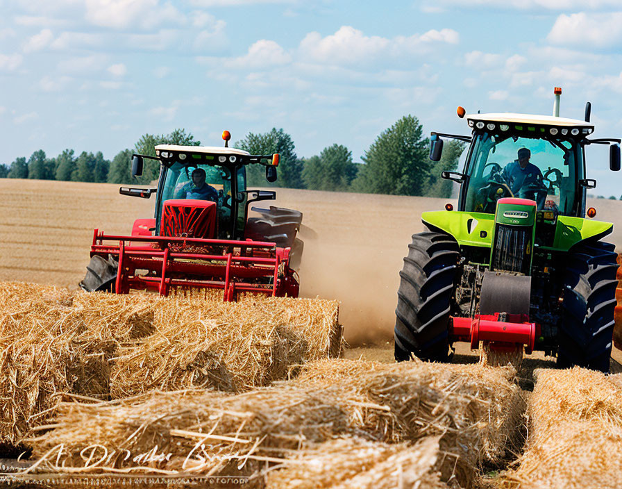 Tractors plowing and baling hay in golden field under blue sky