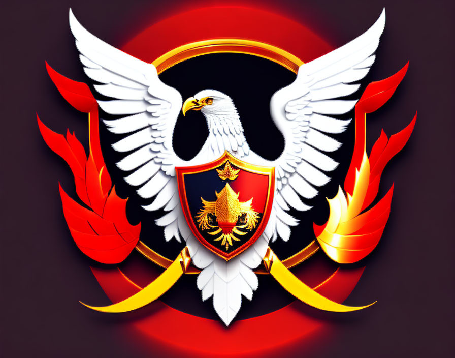 White Eagle Emblem on Red and Gold Shield with Flames and Ribbon