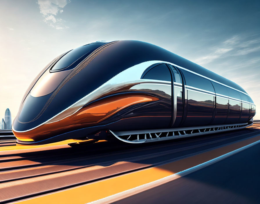 Sleek futuristic train speeds past city skyline at sunset