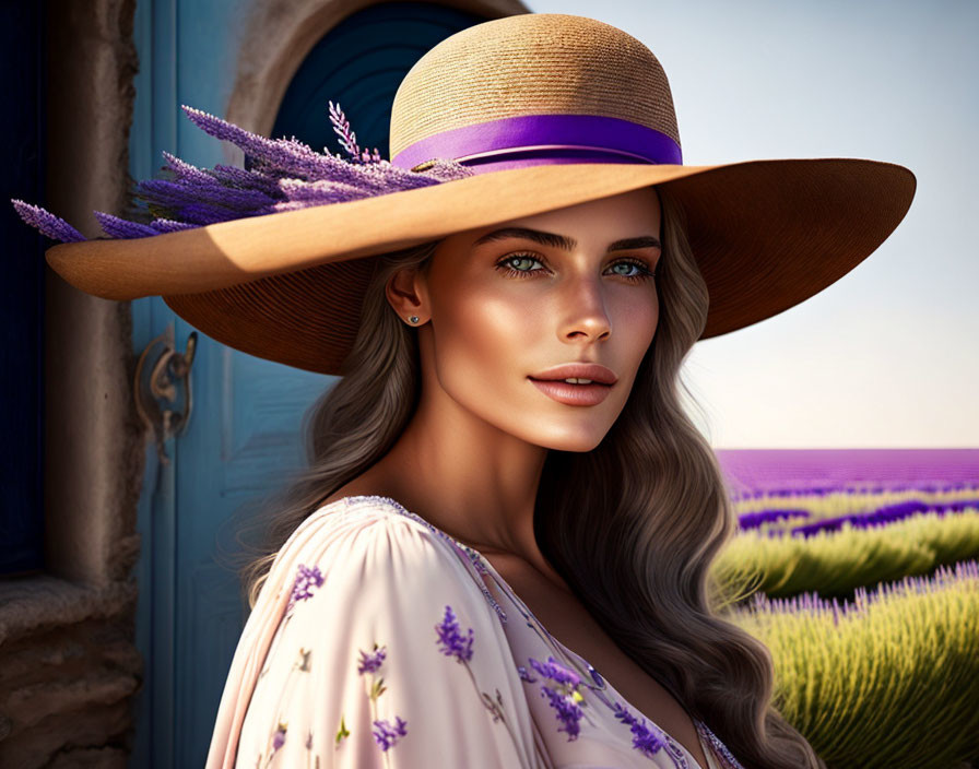 Woman with Lavender-Adorned Straw Hat, Blue Door & Fields