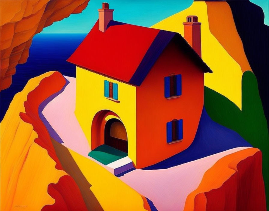 Colorful Cubist-style Painting: Red House, Abstract Landscape