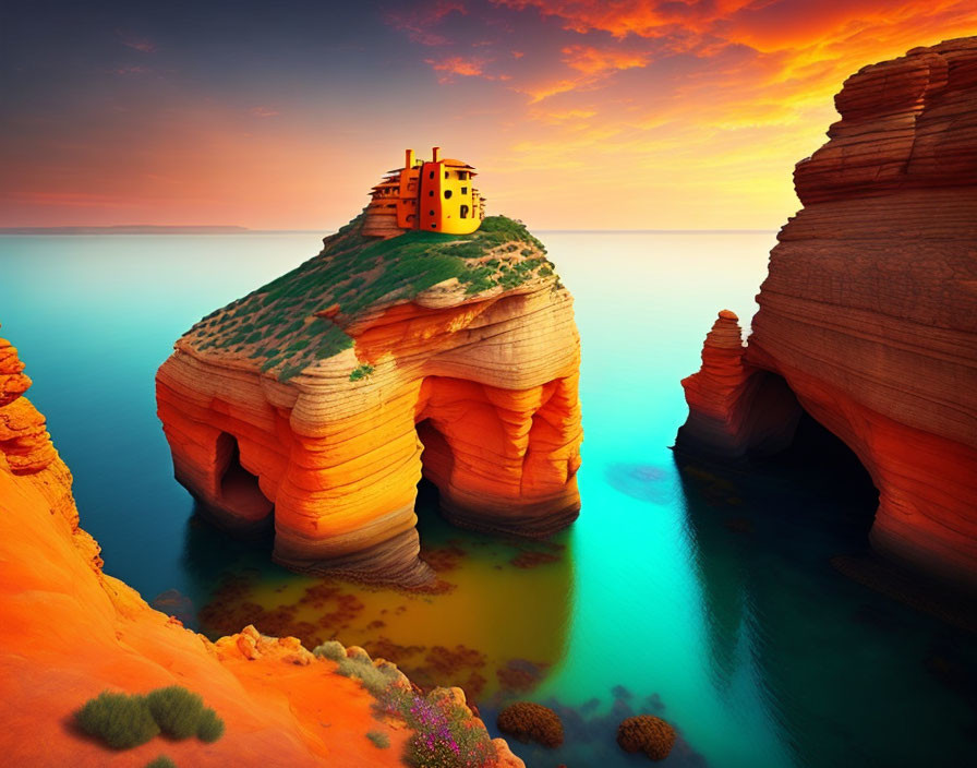 Scenic coastal sunset with layered cliffs, arch house, and calm sea