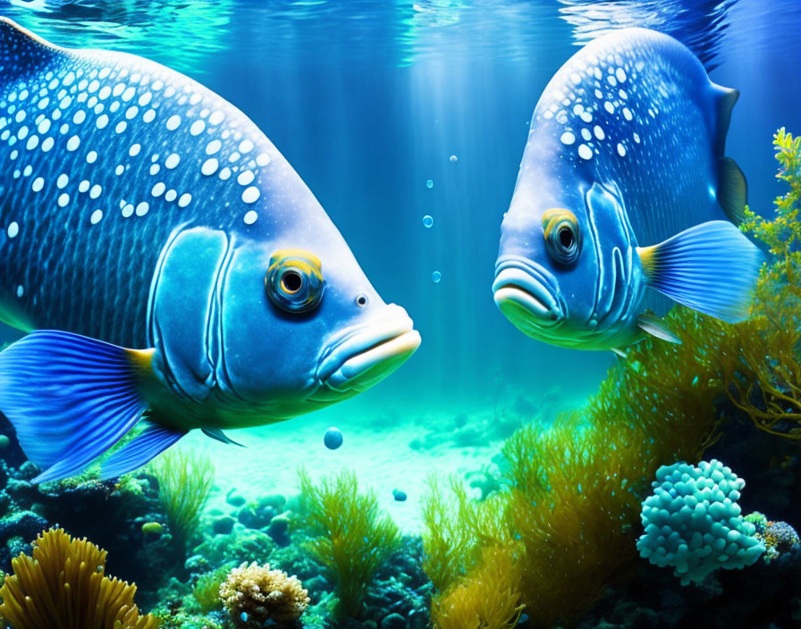 Vibrant blue fish with yellow fins near colorful coral reef