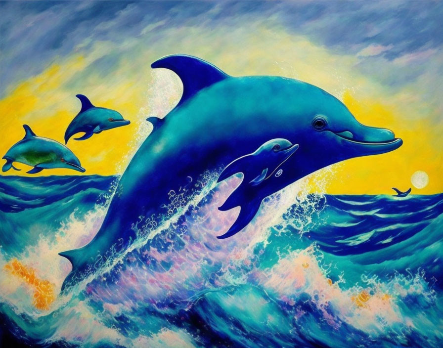 Colorful painting: Three dolphins leaping over ocean waves under a vibrant sky.