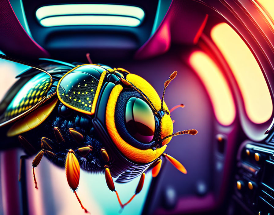 Digital Art: Mechanical Bee in Futuristic Vehicle Interior