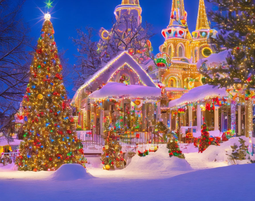 Large Christmas tree, colorful lights, snow blanket under twilight sky