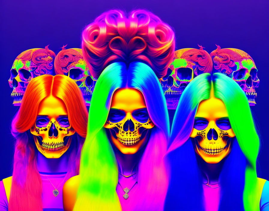 Neon-haired female figures with skull makeup on gradient backdrop