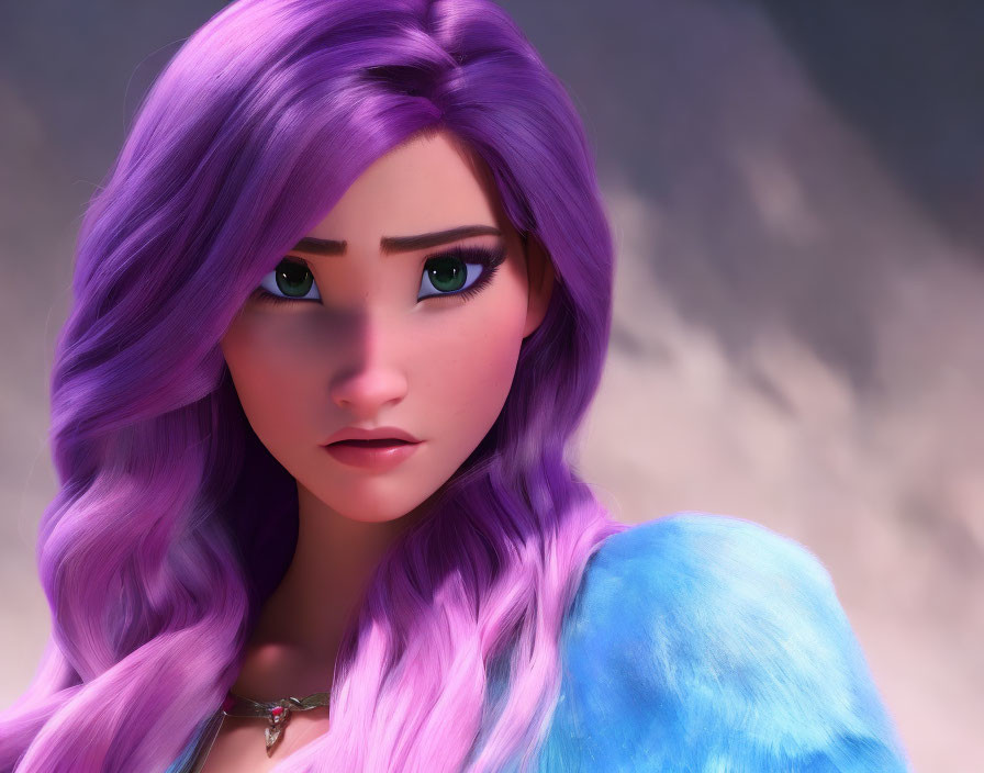 Vibrant purple hair, green eyes, blue fur garment on 3D female character